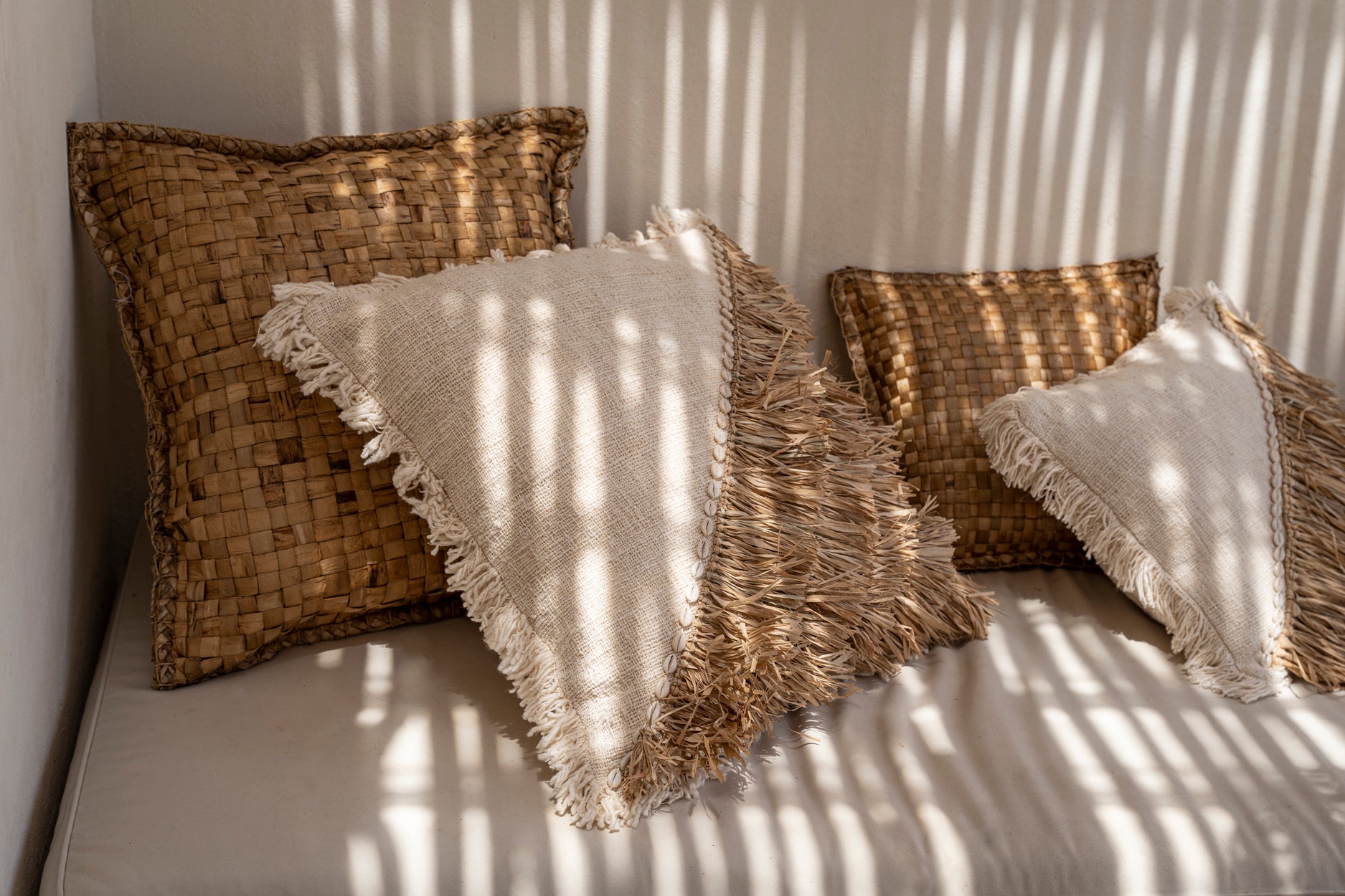 Bazar Bizar  Raffia Katoenen Kussenovertrek - Naturel Wit - 60x60