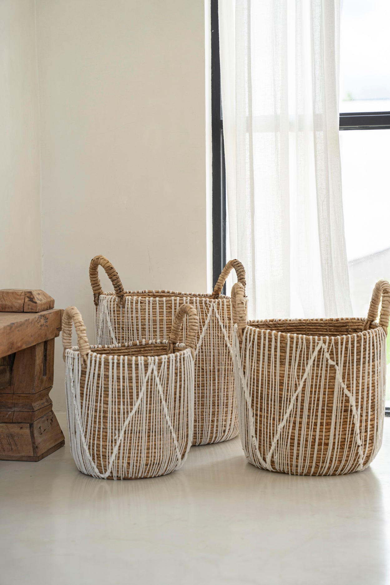 Bazar Bizar De Straight Stitched Macrame Mand - Naturel Wit - M