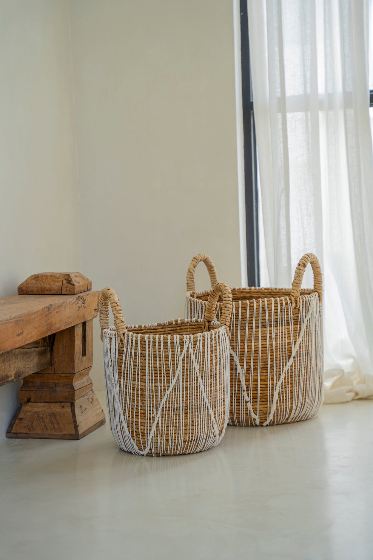 Bazar Bizar De Straight Stitched Macrame Mand - Naturel Wit - M